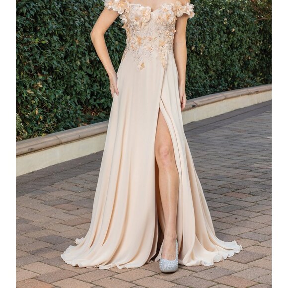 New Off Shoulder Long A-Line Floral Dress w/ Leg Slit & Lace Up Back DQ 4268 - Picture 9 of 9